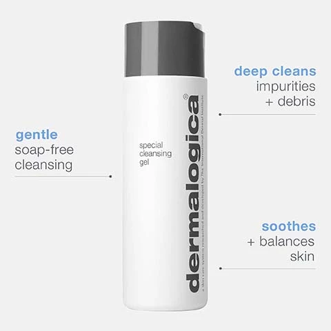 Image 1, deep cleans impurities and debris, gentle soap free cleansing, soothes and balances skin. image 2, quillaha saponaria gently foams and rinses away toxins. lavendar calms and soothes skin. balm mint cools and refreshes