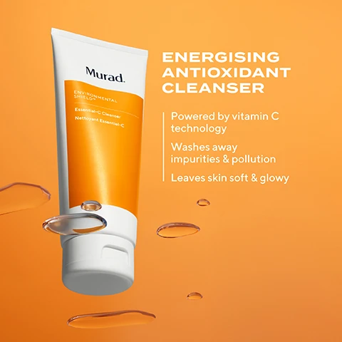 Image 1 - A tube of Murad Energising Antioxidant Cleanser with an orange label, accompanied by droplets of liquid on a light orange background, featuring visible text that reads Energising Antioxidant Cleanser, Powered by vitamin C technology, Washes away impurities & pollution, Leaves skin soft & glowy.
Image 2 - A woman is applying a light foam cleanser to her face, showing a serene expression, against a bright orange background, with visible text that reads Luxurious Energising Vitamin C Cleanser and BRIGHTEN YOUR SKIN WITH EVERY CLEANSE.
Image 3 - An image of a vibrant orange background featuring three droplets of a clear liquid, with text labels next to each droplet: Sodium PCA with a description of Attracts water to skin & minimises dryness, Panthenol with Softens & moisturises, and Vitamin C with Skin-brightening antioxidant.
Image 4 - Image shows two transparent bubbles filled with small yellow and white particles, with the text Essential - C Cleanser and GENTLE FOAMING GEL displayed prominently in orange.
Image 5 - Image shows four skincare cleanser tubes from Murad arranged in a row, each tube labeled with a different name: Renew AHA/BHA Exfoliating Cleanser, Brighten Essential-C Cleanser, Smooth Renewing Cleansing Cream, and Clear Clarifying Cleanser, with the text FIND YOUR CLEANSER above them.