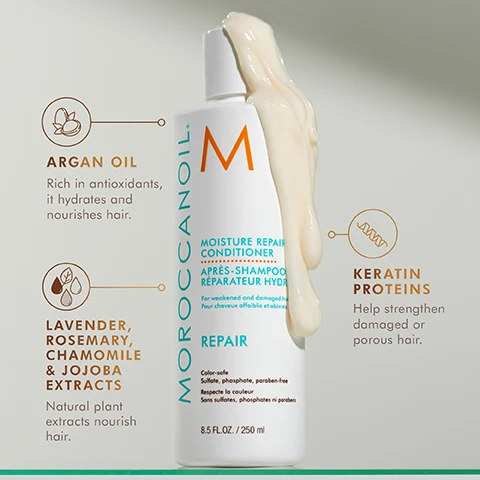 Image 3 - A bottle of Moroccanoil Moisture Repair Conditioner is shown, with a creamy conditioner dripping from the lid, featuring text that highlights key ingredients including Argan Oil, Lavender, Rosemary, Chamomile, and Jojoba Extracts, as well as Keratin Proteins.
Image 4 - A woman with long, wavy blonde hair appears in a side-by-side comparison, with the left labeled BEFORE showing her hair slightly frizzy and the right labeled AFTER displaying smoother, healthier-looking hair; below the images is the text Results achieved using Moisture Repair Shampoo and Conditioner, Restorative Hair Mask, and Mending Infusion.