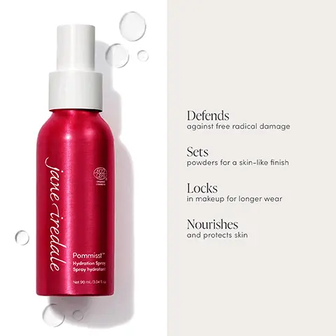 Image 1, defends against free radical damage, sets powders for a skin like finish, locks in makeup for longer wear, nourishes and protects skin. Image 3, mini 12ml, standard 90ml, refill 281ml. Image 4, 1 refill = 3 full size, 1 refill = 24 mins. Image 5, Skincare Makeup System, 1 prep Start with ultra-hydrating Smooth AffairR Brightening Face Primer for a smooth canvas and lasting results. 2 perfect Get flawless coverage and a skin-like feel with PurePressedR Base Mineral Foundation. 3 set Finish with PommisstTM Hydration Spray, the secret weapon for all-day wear.