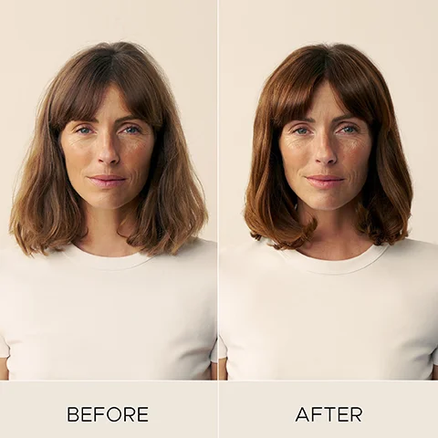 A split image shows a woman with medium length, duller light brown hair on the left and vibrant, rich dark brown hair with more defined waves on the right, with the text BEFORE under the left image and AFTER under the right image.