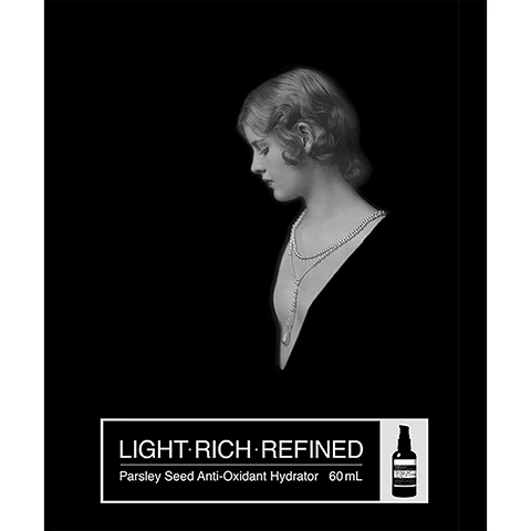 Image 2-dermstore-en_US - A black and white portrait of a woman in profile wearing a pearl necklace against a black background, with a white box at the bottom containing the text LIGHT·RICH·REFINED Parsley Seed Anti-Oxidant Hydrator 60 mL and an icon of a product bottle. Image 5-dermstore-en_CA - A textured image with dark silhouettes of three llamas standing on a ground line includes the text Ethical Formulations, We are meticulous in selecting and sourcing ingredients for our products. Our first considerations, always, are the health and safety of our customers and the welfare of the natural environment. Our primary objective is to ensure that our range is formulated using only the safest ingredients of the highest quality, followed by logos and text for Certified B Corporation, Cruelty Free INTERNATIONAL, and Climate Active NETWORK MEMBER.