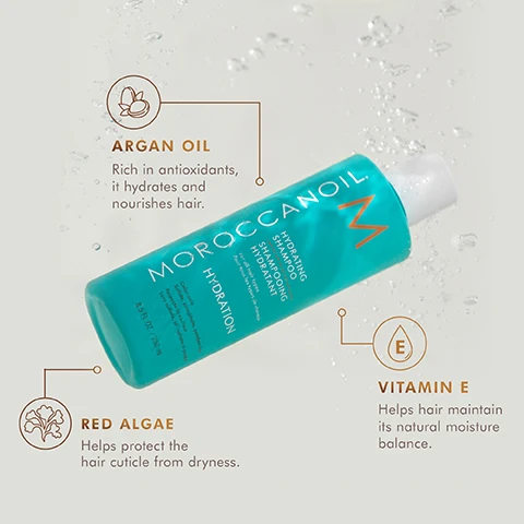 Image 3 - A turquoise bottle of Moroccanoil Hydrating Shampoo is shown with water droplets around it, featuring labels highlighting Argan Oil, Red Algae, and Vitamin E with corresponding benefits for hair care.
Image 4 - A woman with curly hair is shown in a side-by-side comparison; on the left, she has frizzy hair and a neutral expression labeled BEFORE, and on the right, she smiles with defined, bouncy curls labeled AFTER, with text below stating results achieved using Hydrating Shampoo and Conditioner, All in One Leave-in Conditioner, and Intense Hydrating Mask.
Image 5 - Image features two bottles of hair care products: a turquoise bottle labeled Hydrating Shampoo on the left and a white bottle labeled Hydrating Conditioner on the right, with a textured white towel in the foreground; visible text includes HYDRATING SHAMPOO & CONDITIONER, moisture-balancing formulas, increase manageability & shine, and sulfate, phosphate, and paraben-free.
