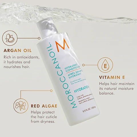 Image 1, argan oil - rich in antioxidants it hydrates and nourishes hair. red algae - helps protect the hair cuticle from dryness. vitamin e - helps hair maintain its natural moisture balance. image 2, argan oil - rich in antioxidants it hydrates and nourishes hair. red algae - helps protect the hair cuticle from dryness. vitamin e - helps hair maintain its natural moisture balance.
