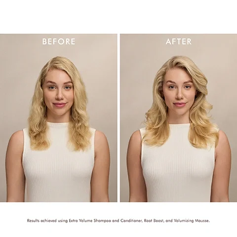 Image 2 - A side-by-side comparison of a woman’s hairstyle before and after using hair products, with the left labeled BEFORE and the right labeled AFTER, showing enhanced volume and smoother waves; visible text at the bottom reads Results achieved using Extra Volume Shampoo and Conditioner, Root Boost, and Volumizing Mousse.
