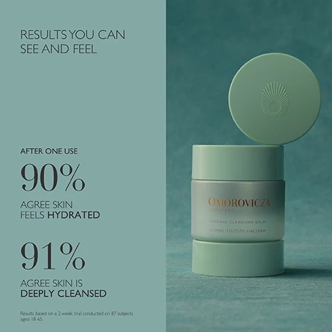 Image 1 - A cosmetic product jar with its lid on top is shown next to text displaying product trial results and information: RESULTS YOU CAN SEE AND FEEL AFTER ONE USE 90% AGREE SKIN FEELS HYDRATED 91% AGREE SKIN IS DEEPLY CLEANSED Results based on a 2-week trial conducted on 87 subjects aged 18-65 OMOROVICZA BUDAPEST THERMAL CLEANSING BALM TERMAL TISZTÍTÓ BALZSAM. Image 2 - An infographic titled Science Backed Ingredients listing Hungarian Moor Mud with description Combines calcium and magnesium with humic and fulvic acids to detoxify and rebalance skin Sourced from Lake Hévíz, Squalane with description A super hydrator, restores the lipid barrier and prevents water loss, Plum Almond and Apricot Kernel Oils with description Hydrate, nourish and strengthen skin barrier, and the text Powered by The Healing Concentrate™.
