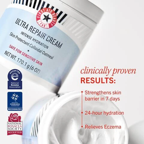 Image 1 - A close-up image of a jar of First Aid Beauty Ultra Repair Cream displaying a light blue and white design with a red and black logo, accompanied by text highlighting its benefits: clinically proven results that include strengthen skin barrier in 7 days, 24-hour hydration, and relief from eczema.
Image 2 - A close-up of a creamy white moisturizer in a container, with text that reads LIGHTWEIGHT, LUXURIOUS TEXTURE, without a greasy feel.
Image 3 - A side-by-side comparison of a persons face showing skin with irritation and dryness on the left labeled BEFORE and clearer, healthier skin on the right labeled AFTER 2 Weeks, with the text below reading Dry + irritated to visibly healthy.
Image 4 - Close-up of a thick, white creamy substance with visible text that reads cruelty free, VEGAN, fragrance free, NON-COMEDOGENIC.
Image 5 - A close-up of a jar of First Aid Beauty Ultra Repair Cream surrounded by scattered oats, with text that reads formulated with soothing COLLOIDAL OATMEAL.
Image 6 - A jar of First Aid Beauty Ultra Repair Cream is shown against a white background with a creamy texture spread beside it, featuring text stating 100% reported this helped soothe, moisturize + condition skin, with additional details on hydration and safety for sensitive skin.