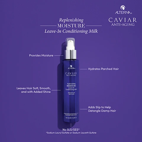 Image 1 - A blue bottle of leave-in conditioning milk is centered against a purple background, labeled with the brand name Alterna and the product name Replenishing Moisture Leave-In Conditioning Milk, with descriptions indicating it provides moisture, hydrates parched hair, leaves hair soft and smooth with added shine, detangles dry hair, and adds slip to help detangle damp hair; additional text mentions no SLS/SES.
Image 2 - Image shows a dollop of cream-colored leave-in conditioning milk with labeled benefits: CAVIAR EXTRACT known to restore moisture, elasticity, and shine; SEASILK commonly used to provide moisture and help repair damaged hair; AGE CONTROL COMPLEX widely used to prevent damage and encourage micro-circulation; and SUPEROXIDE DISMUTASE reputable for protecting hair from free-radical damage and oxidation.
Image 3 - Image shows a woman with long, wavy black hair viewed from the back, divided into two sections labeled BEFORE and AFTER, featuring a product bottle of Caviar Anti-Aging Replenishing Moisture Collection in the center and text stating Naturally Airdried and Untouched Image.
Image 4 - A purple bottle of Alterna Caviar Anti-Aging Replenishing Moisture Leave-in Conditioning Milk is shown on a dark background, with visible text describing the product and a full ingredient list.
Image 5 - Image shows four hair care products from Alternas Caviar Anti-Aging line, including Replenishing Moisture Shampoo, Conditioner, Leave-in Conditioning Milk, and Intensive Ceramide Shots, all set against a purple background with labels for CLEANSE, CONDITION, DETANGLE, and HYDRATE.