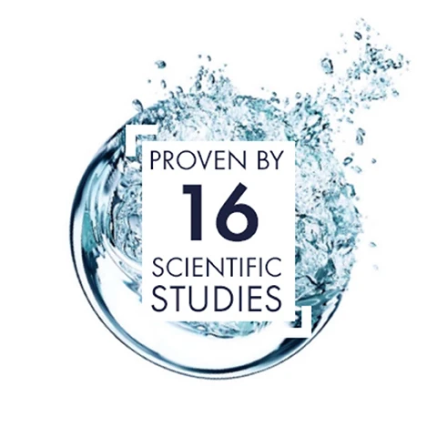 Image 1 - A stylized image of water splashing and forming a droplet shape around a white box that says Proven by 16 Scientific Studies. Image 2 - A white graphic featuring four sections: top left has the VICHY LABORATOIRES logo and an icon of a dermatologist with text DERMATOLOGIST TESTED; top right has a #1 icon with text ANTI-AGING BRAND IN EUROPEAN PHARMACIES and a crossed-out perfume bottle icon with text FRAGRANCE FREE; bottom left has test tube icons with text PARABEN FREE; bottom right has an icon of a hand with spots and text ALLERGY TESTED.