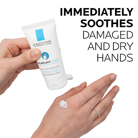 Image 1 - A person applying a cream from a tube labeled La Roche-Posay Cicaplast Mains, with visible text that reads IMMEDIATELY SOOTHES DAMAGED AND DRY HANDS.
Image 2 - Image shows a graphic titled KEY DERMATOLOGICAL INGREDIENTS with three circular images and descriptions: Niacinamide as a water soluble vitamin known for its soothing and restoring properties, Shea Butter as an emollient sustainably sourced in Burkina Faso known for its soothing and restoring properties, and Glycerin as a humectant known for its hydrating properties.
Image 3 - A smooth, white cream texture is shown, with text describing its ingredients: Niacinamide, Shea Butter, Glycerin, and phrases stating it immediately soothes dry, damaged hands and has a non-greasy finish.
Image 4 - A hand holding a tube of La Roche-Posay Cicaplast Mains hand cream next to text that reads DERMATOLOGIST RECOMMENDED and includes a quote about hand washing and skin care from Board Certified Dermatologist, Dr. Rina Allawh.
Image 5 - Image shows a logo for La Roche-Posay at the top, with two illustrations of faces and four icons below labeled as Dermatologist Tested, Allergy Tested, Oil-Free/Non-Comedogenic, and Fragrance-Free.