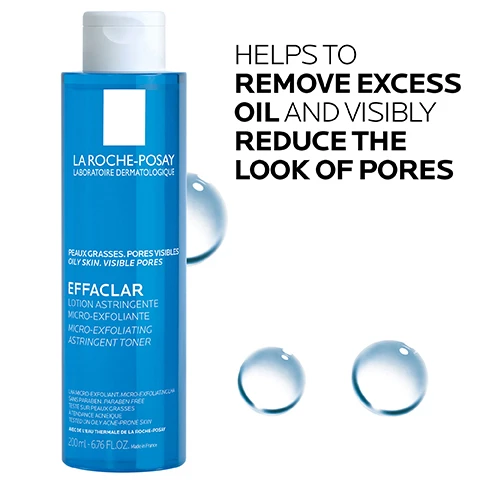 Image 1 - A blue bottle of La Roche-Posay Effaclar Micro-Exfoliating Astringent Toner with droplets nearby, featuring text that says helps to remove excess oil and visibly reduce the look of pores.
Image 2 - Image shows a graphic titled KEY DERMATOLOGICAL INGREDIENTS featuring three components: LIPO-HYDROXY ACID (LHA) described as a skin exfoliant, Glycerin as a humectant, and La Roche-Posay Thermal Spring Water described as a soothing antioxidant.
Image 3 - Image shows three clear droplets with text explaining features of a skincare product that states Micro-Exfoliating Lipo-Hydroxy Acid + Glycerin, Clear and refreshing no-rinse formula, and Visibly reduces the look of pores and smooths skin texture.
Image 4 - A blue bottle of La Roche-Posay Effaclar Micro-Exfoliating Astringent Toner is shown, with text stating DERMATOLOGIST RECOMMENDED For those with oily skin, a facial toner can help remove excess dirt, oil, makeup and any other debris that may clog skin pores. I recommend looking for toners with ingredients such as salicylic acid or lipo-hydroxy acid to gently exfoliate along with hydrating ingredients such as glycerin. Board Certified Dermatologist, Dr. Jenny Liu.
Image 5 - A graphic featuring the La Roche-Posay logo at the top, with icons and text below indicating that the product is dermatologist tested, allergy tested, non-comedogenic, and paraben free.