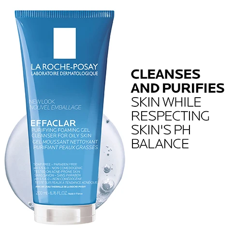 Image 1 - A blue tube of La Roche-Posay Effaclar purifying foaming gel for oily skin, with visible text that reads cleanses and purifies skin while respecting skins pH balance, and information about its size and ingredients.
Image 2 - Image depicts a graphic listing key dermatological ingredients with two sections: the first features a white powder and describes ZINC PIDOLATE as purifying, known for its properties to help remove excess oil; the second shows blue water and describes LA ROCHE-POSAY THERMAL SPRING WATER as soothing, noting it is rich in selenium, a natural antioxidant.
Image 3 - A clear gel-like substance with bubbles in the center is surrounded by text describing its features: Zinc Pidolate, refreshing foaming gel texture, and gently cleanses impurities while respecting skins pH balance.
Image 4 - A hand holding a blue tube of La Roche-Posay Effaclar Purifying Foaming Gel, with visible text stating DERMATOLOGIST RECOMMENDED If you have sensitive skin, gently pat your skin dry with a towel after cleansing instead of rubbing which can irritate skin. Board Certified Dermatologist, Dr. Jenny Liu.
Image 5 - An illustration showcasing four icons representing skin care attributes: a doctor for dermatologist tested, a woman touching her face for allergy tested, a drop of liquid for oil-free/non-comedogenic, and a spray bottle crossed out for fragrance-free, with the brand name La Roche-Posay and the text Laboratoire Dermatologique at the top.