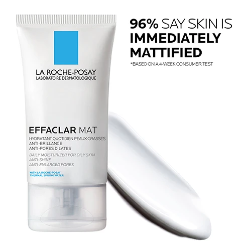 Image 1 - A tube of La Roche-Posay Effaclar Mat moisturizer is shown next to a white application surface, with the text 96% SAY SKIN IS IMMEDIATELY MATTIFIED and additional details about the products benefits for oily skin.
Image 2 - Image features a summary of key dermatological ingredients: Lipo-Hydroxy Acid (LHA) described as a skin exfoliant, Glycerin noted for its hydrating properties, and La Roche-Posay Thermal Spring Water listed as a soothing antioxidant, with visible text outlining their benefits.
Image 3 - A smooth, white cream swatch is shown with labels indicating LIPO-HYDROXY ACID + PERLITE, MATTIFYING, OIL-FREE TEXTURE, and VISIBLY REDUCES THE LOOK OF PORES WHILE PROVIDING DAILY HYDRATION.
Image 4 - The image features the La Roche-Posay logo at the top, followed by four blue line icons depicting a dermatologist, a woman with a hand on her face, a droplet, and a spray bottle, along with the text DERMATOLOGIST TESTED, ALLERGY TESTED, OIL-FREE / NON-COMEDOGENIC, and FRAGRANCE-FREE.