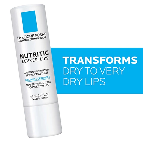 Image 2 - A white tube of La Roche-Posay Nutritic lip care product is shown with blue text stating TRANSFORMS DRY TO VERY DRY LIPS next to it, and additional text on the tube includes Soin Transformation Levres Desséches Biolipids + Ceramide 5 Transforming Care for Very Dry Lips 4,7 ml .015 FL.OZ. Made in France.
Image 3 - Image shows an infographic titled KEY DERMATOLOGICAL INGREDIENTS with descriptions and benefits of three key ingredients: Ceramide 5 as a skin-identical lipid, Shea Butter as an emollient, and Glycerin as a humectant, along with associated images of the ingredients.
Image 4 - A lip balm tube from La Roche-Posay labeled Nutritic Lips, featuring a blue background with the text Rich Ultra-Nourishing Lip Balm, Transforming Care for Very Dry Lips, Biolipids + Ceramide 5, and Unique Non-Greasy Texture.
Image 5 - A hand in a glove holds a tube of La Roche-Posay Nutritic Lips, which is labeled TRANSFORMING CARE FOR VERY DRY LIPS and mentions BIOLIPIDS + CERAMIDE 5, with additional text on the side about dermatologist insights.