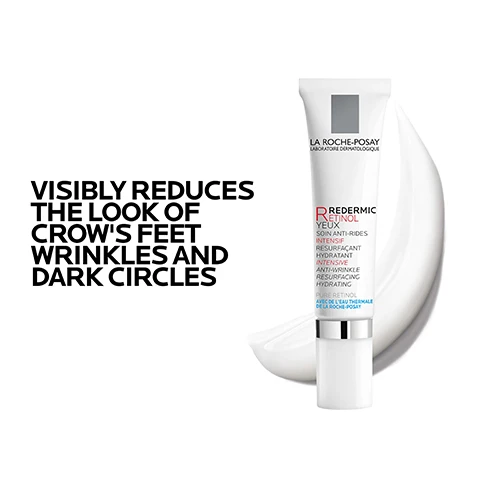 Image 1 - A La Roche-Posay skincare tube with a white background, featuring text that says visibly reduces the look of crows feet wrinkles and dark circles and includes product details such as Redermic Yeux.
Image 2 - A promotional image featuring three sections: the left with pink bubbles labeled PURE RETINOL and text reading HELPS IMPROVE THE APPEARANCE OF FINE LINES AND WRINKLES, the middle showing coffee beans labeled CAFFEINE with text stating KNOWN TO HELP REDUCE THE APPEARANCE OF UNDER EYE BAGS AND DARK CIRCLES, and the right displaying blue water droplets labeled LA ROCHE-POSAY PREBIOTIC THERMAL WATER with text reading SOOTHING ANTIOXIDANT A UNIQUE WATER RICH IN SELENIUM A NATURAL ANTIOXIDANT.
Image 3 - A tube of La Roche-Posay Retinol eye cream is shown alongside a blue box containing instructions that read APPLY FROM THE INNER CORNER OF THE EYE AREA OUTWARDS IN THE EVENING.
Image 4 - A hand holding a tube of La Roche-Posay Redermic Retinol eye cream with the text DERMATOLOGIST RECOMMENDED and a quote discussing the benefits of retinol for aging skin around the eyes, attributed to Board Certified Dermatologist, Dr. Anna Karp.
Image 5 - A graphic featuring the La Roche-Posay logo at the top, with icons and text indicating Dermatologist Tested, Allergy Tested, Oil-Free/Non-Comedogenic, and Fragrance-Free in a simple blue design.
Image 6 - Image shows three skincare products with numbered labels; from left to right: a bottle labeled TOLERIANE HYDRATING GENTLE CLEANSER, a tube labeled REDERMIC RETINOL EYE CREAM, and a bottle labeled ANTHELIOS ULTRA LIGHT FLUID FACIAL SUNSCREEN SPF 60, with a white swirl in the background.
Image 7 - A hand holding a tube of La Roche-Posay Redermic Retinol Yeux eye cream with a blue square beside it stating recommended by 90,000 dermatologists worldwide.