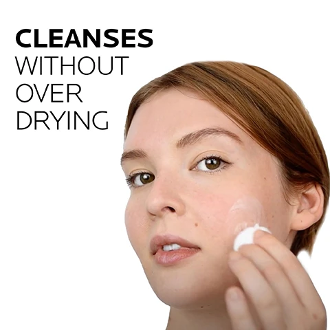 Image 1 - A woman applies a cleansing product to her face while looking at the camera, with text that reads cleanses without over drying.
Image 2 - Image shows key dermatological ingredients, with a blue background featuring images of droplets; text includes Glycerin, labeled as a humectant known for its hydrating properties, and La Roche-Posay Thermal Spring Water, described as a soothing antioxidant that is unique water rich in selenium, a natural antioxidant.
Image 3 - A white, creamy cleanser is shown with arrows pointing to it, accompanied by the text: gentle cleanses & removes makeup without drying, fresh, milky texture, soothes sensitive skin.
Image 4 - A bottle of La Roche-Posay Toleriane Dermo-Cleanser with a blue square logo on the front, accompanied by text stating DERMATOLOGIST RECOMMENDED and a quote about gentle cleansers for sensitive skin, along with the signature Board Certified Dermatologist, Dr. Anna Karp.
Image 5 - Image shows a blue and white graphic with the La Roche-Posay logo at the top, featuring icons of a dermatologist and a woman, and text indicating dermatologist tested, allergy tested, oil-free/non-comedogenic, and fragrance-free.