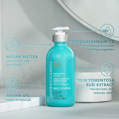 Image 2 - A turquoise bottle of Moroccanoil Smoothing Lotion is shown, featuring visible labels for key ingredients: Argan Butter leaves hair soft and shiny, Argan Oil helps to nourish, Polyquaternium-70 for exceptional humidity-defying properties, and Tilia Tomentosa Bud Extract which moisturizes and reduces static, with the bottle size indicated as 10.2 fl oz.
Image 3 - Image shows a comparison of hair before and after treatment, with the left side labeled BEFORE showing frizzy hair and the right side labeled AFTER showing smooth, shiny hair; additional text states REDUCES BREAKAGE BY 72% and a footnote mentions the study details.
Image 4 - A turquoise bottle of Moroccanoil Smoothing Lotion is displayed, with instructions that read: HOW TO USE APPLY A SMALL AMOUNT TO DAMP HAIR AND STYLE AS DESIRED, and a pro tip stating: Can also be used on dry hair as a next-day refresher.
Image 5 - Image shows three hair care products from Moroccanoil: a spray labeled Frizz Shield Spray for all hair types, a lotion labeled Smoothing Lotion for medium, curly, and coarse hair, and a serum labeled Intense Smoothing Serum for medium, curly, and coarse hair, with descriptions of their benefits below each product.
Image 6 - Two vertical panels on a textured background; the left panel features a recycling symbol and the text 100% PCR PLASTIC, while the right panel displays a heart and bunny logo with the text PETA and certified CRUELTY-FREE.