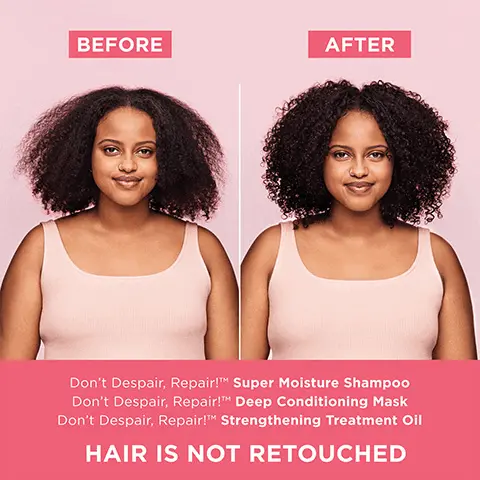 Image 1 and 2, before and after using don't despair, repair super moisture shampoo, don't despair repair deep conditioning mask and don't despair repair strengthening treatment oil. Hair is not retouched. Image 3, consumer review = i'm not exaggerating when i say that this is the single most effective hair treatment i've ever used