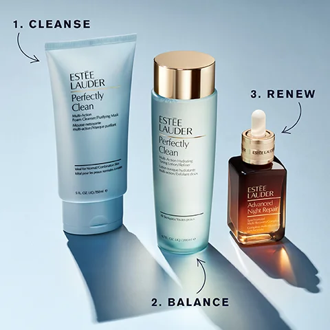 Image shows three Estee Lauder skincare products, a cleanser tube, a toning lotion bottle, and an Advanced Night Repair serum bottle, with text visible that says 1. CLEANSE ESTEE LAUDER Perfectly Clean Multi-Action Foam Cleanser/Purifying Mask Mousse nettoyante multi-action/Masque purifiant Ideal for Normal/Combination Skin Idéal pour les peaux normales à mixtes 5 FL. OZ. LIQ./150ml e ESTEE LAUDER Perfectly Clean Multi-Action Hydrating Toning Lotion/Refiner Lotion tonique hydratante multi-action/Exfoliant doux All Skintypes/Toutes peaux 6.7 FL. OZ. LIQ./200ml e 2. BALANCE 3. RENEW ESTEE LAUDER Advanced Night Repair Synchronized Multi-Recovery Complex Complexe multi-réparation synchronisée.