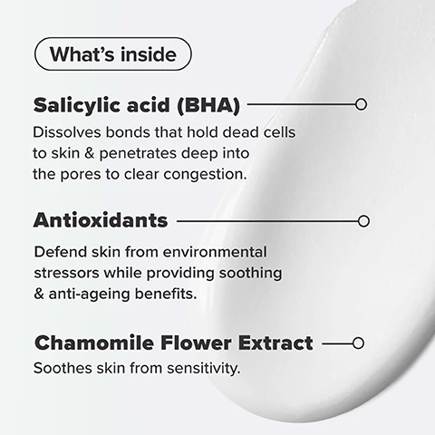 Image 1 - Image shows a light-colored background with a swatch of cream, labeled sections outlining ingredients, including Salicylic acid (BHA), Antioxidants, and Chamomile Flower Extract, along with their functions. Text includes: Whats inside, Salicylic acid (BHA) Dissolves bonds that hold dead cells to skin & penetrates deep into the pores to clear congestion, Antioxidants Defend skin from environmental stressors while providing soothing & anti-ageing benefits, Chamomile Flower Extract Soothes skin from sensitivity.
Image 2 - A close-up of a womans shoulder with a white cream being applied, accompanied by instructions on usage that read: How to use Apply a small amount to clean skin before moisturising. Can be used as a spot treatment or all over. For daytime use, always follow with SPF 30+.
Image 3 - An infographic explaining how salicylic acid (BHA) works to unclog skin without damaging the skin barrier, with visible text labeling skin concerns including breakouts, blackheads, enlarged or clogged pores, and dullness.