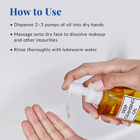 Image 1 - A hand is dispensing oil from a pump bottle labeled Deep Cleansing Oil, with text outlining how to use the product, including steps to dispense the oil, massage it onto the face, and rinse with lukewarm water.
Image 2 - A bottle of DHC Deep Cleansing Oil with a white pump sits against a light background, and text above states FACIAL CLEANSER LEAVES SKIN SOFT, CLEAN AND RADIANT and 92% of users preferred Deep Cleansing Oil over a leading cleanser...88% said it left skin softer...88% said it was gentler on the skin, along with a badge that reads OVER 160 MILLION SOLD WORLDWIDE.
Image 3 - A bottle of deep cleansing oil is displayed on a light surface next to a white curtain, with text listing its benefits: removes all traces of makeup, rinses away with no residue, leaves skin feeling clean, soft and radiant, protects skins natural moisture barrier, time-honored benefits of double cleansing, for all skin types, and a Customer Fave! star icon.