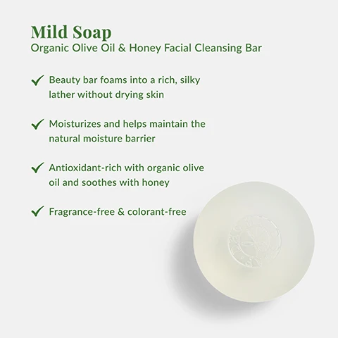 Image 1 - A translucent, light-colored oval bar of soap, embossed with a circular design featuring an olive branch and the text MILDS OAP, is presented in the bottom right of the image, alongside a list of features in green text on a light gray background: Mild Soap, Organic Olive Oil & Honey Facial Cleansing Bar, Beauty bar foams into a rich, silky lather without drying skin, Moisturizes and helps maintain the natural moisture barrier, Antioxidant-rich with organic olive oil and soothes with honey, Fragrance-free & colorant-free. Image 2 - A round, translucent yellow soap bar, embossed with an olive branch and DHC SOAP, is surrounded by white foam with green arrows pointing to it and accompanying text Gentle foaming cleanser and Rich, silky lather. Image 3 - A small glass bowl of golden olive oil with two green olives and olive leaves around it, accompanied by the text: Ingredient Spotlight: Organic Olive Oil Sourced in Spain and delicately extracted from organic olive groves, it is then ultra-purified in our state-of-the-art factories in Japan. Olive Virgin Oil is one of most nourishing oils in the world because its high in antioxidants, vitamin E and polyphenols. Image 4 - A heart shape filled with golden honeycombs on a white background, with text above that reads Why We Love Honey, Nourishes and moisturizes skin so it feels soft (not stripped) after cleansing. Image 5 - A persons hands hold a clear, round bar of soap under running water from a faucet, framed by a white circle on a green background, with the text How To Use Wet face with lukewarm water. Create lather in palms, then massage face and neck with foam to cleanse. Rinse thoroughly. To extend the life of the soap, do not allow to stand in water. Image 6 - The image shows a suggested skincare routine for classic double cleansing, with step 1 featuring a DHC Deep Cleansing Oil bottle and text Deep Cleansing Oil Oil Cleanser, and step 2 featuring a DHC Mild Soap bar and text Mild Soap Foaming Cleanser.
