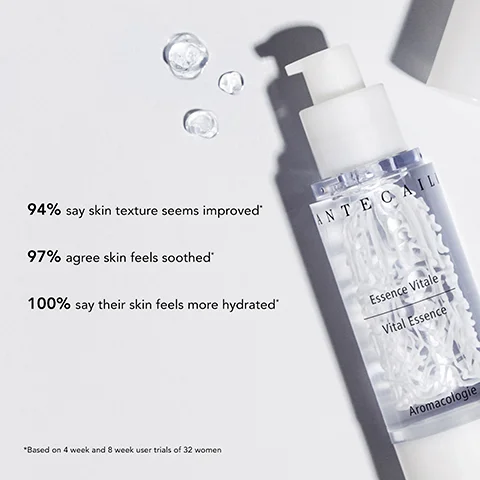 A white and clear bottle of Chantecaille Essence Vitale skincare product and water droplets are shown next to text reading 94% say skin texture seems improved* 97% agree skin feels soothed* 100% say their skin feels more hydrated* *Based on 4 week and 8 week user trials of 32 women CHANTECAILLE Essence Vitale Vital Essence Aromacologie.