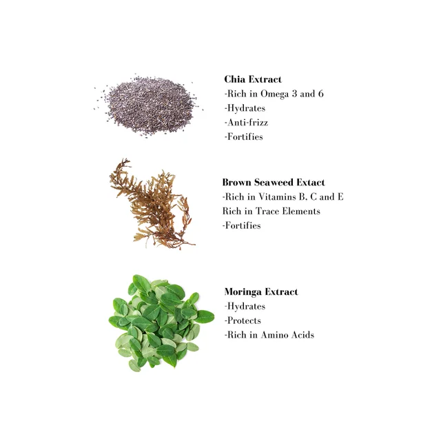 Image 1- Chia Extract -Rich in Omega 3 and 6 -Hydrates -Anti-frizz -Fortifies Brown Seaweed Extact -Rich in Vitamins B, C and E Rich in Trace Elements -Fortifies Moringa Extract -Hydrates -Protects -Rich in Amino Acids
