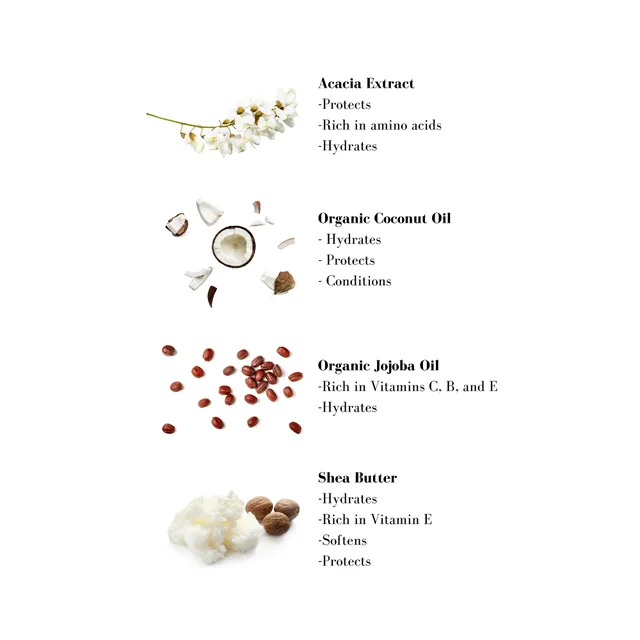 Image 1- Acacia Extract -Protects -Rich in amino acids -Hydrates Organic Coconut Oil - Hydrates - Protects - Conditions Organic Jojoba Oil -Rich in Vitamins C, B, and E -Hydrates Shea Butter -Hydrates -Rich in Vitamin E -Softens -Protects