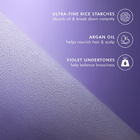 Image 2 - The image shows a textured light purple surface on the bottom left, transitioning diagonally to a smooth darker purple background on the top right, where three benefits are listed with icons: ULTRA-FINE RICE STARCHES absorb oil & break down instantly, ARGAN OIL helps nourish hair & scalp, and VIOLET UNDERTONES help balance brassiness. Image 3 - A split image shows a woman with long blonde hair, Before her hair appears straighter and flatter, and After her hair is styled with increased volume and soft waves. Image 4 - A dynamic arrangement of multiple turquoise Moroccanoil dry shampoo cans with white caps and orange M logos on a reflective surface against a vibrant blue background, with visible text reading REMOVES UP TO 85% OF OIL FROM HAIR*, MOROCCANOIL DRY SHAMPOO SHAMPOOING SEC, DARK TONES, LIGHT TONES, NET WT 5.4 OZ (153g), NET WT 1.6 OZ (46g), For all hair types Refreshes & extends styles Absorbs oil odor & buildup, and *Based on an independent lab study conducted by TRI Princeton in May 2024. Image 5 - The image displays two turquoise Moroccanoil Dry Shampoo bottles, one upright and one inverted, featuring visible text MOROCCANOIL DRY SHAMPOO SHAMPOOING SEC For all hair types Pour tous les types de cheveux LIGHT TONES Soft, silky feel Enhances blonde tones Doux toucher soyeux Rehausse les tons blonds, and three listed benefits: Violet undertones balance brassiness, Ultra-fine rice starches absorb oil, and Features the signature Moroccanoil scent. Image 7 - A blue and turquoise gradient image displays instructions for dry shampoo use: HOW TO USE DRY SHAMPOO STEP 1 Shake well. STEP 2 Spray 6-8 inches (15-20 cm) away from dry roots. STEP 3 Let dry, then massage into scalp as you would with wet shampoo. STEP 4 Brush out.