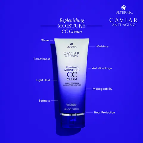 Image 1, replenishing moisture CC Cream, shine, moisture, smoothness, anti-breakage, light hold, manageability, softness and heat protection. Image 2, replenishing moisture cc cream, omega-3s = commonly used to replenish the hair's natural lipid layer. caviar extract = known to drench the hair in nutrients. proteins and minerals = reputable for nourishing. antioxidants = widely used to protect hair.Image 3, Replenishing moisture and professional styling, before and after. Image 4, cleanse, condition, style.