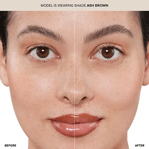 Model is wearing shade ash brown. Before. After. Customize your color. Softly fill, define + detail. Natural-looking, ombre brows. Before. After. Get the look, natural, ombre brows. Step 1, start by applying one-swipe of Brow Primer through the brow. Step 2, apply the deeper shade of Brow Powder Duo from arch to tail. Step 3, apply the lighter shade in the front and blend with spoolie brush. Buildable, powder formula. Easy-to-apply + blend. Natural, ombre brows. Brow powder duo two-shade brow powder compact.