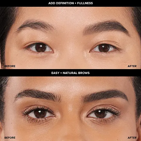 Image 1, BEFORE ADD DEFINITION + FULLNESS EASY + NATURAL BROWS AFTER BEFORE AFTER Image 2, GET THE LOOK NATURAL + DEFINED BROWS STEP 1: Start by applying at the arch and work towards the end of the brow. STEP 2: Using light pressure, fill in the front of the brow. STEP 3: Blend as you go using the spoolie brush for a natural look. Image 3, POWDER-LIKE FORMULA EASY + NATURAL BROWS CUSTOM-SPOOLIE BRUSH PERFECT BROW PENCIL POWDER-LIKE DEFINITION + FULLNESS งาน เซน3 34