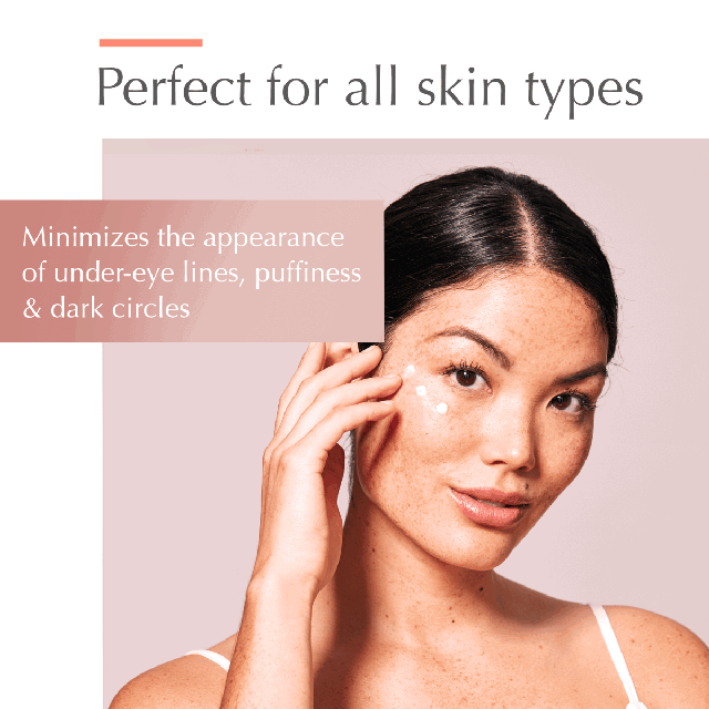 Image 1, perfect for all skin types, minimizes the appearance of under-eye lines, puffiness and dark circles Image 2, clinically shown, skin appears bright, firm, luminous, soft, -53% reduction of visible dark circles, -15% reduction of puffiness, study conducted on 32 subjects applying RetrinAL EYES every night for 2 months
