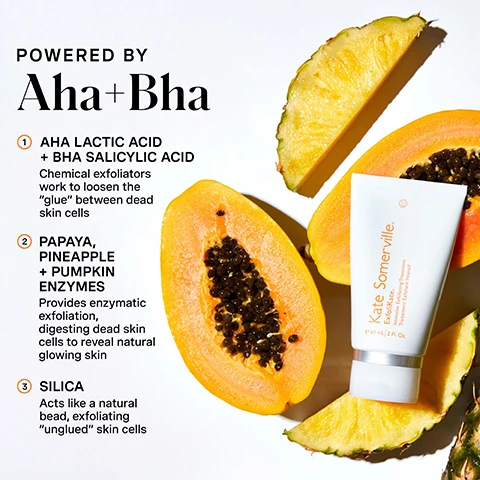 Image 1 - A white tube of Kate Somerville ExfoliKate Intensive Exfoliating Treatment is surrounded by papaya halves and pineapple slices on a white background, accompanied by text describing the products ingredients: POWERED BY Aha+Bha 1 AHA LACTIC ACID + BHA SALICYLIC ACID Chemical exfoliators work to loosen the glue between dead skin cells 2 PAPAYA, PINEAPPLE + PUMPKIN ENZYMES Provides enzymatic exfoliation, digesting dead skin cells to reveal natural glowing skin 3 SILICA Acts like a natural bead, exfoliating unglued skin cells, and the tube also displays Kate Somerville. ExfoliKate. Intensive Exfoliating Treatment e 60 mL / 2 FL. Oz. Image 2 - A white tube of Kate Somerville ExfoliKate Intensive Exfoliating Treatment is displayed diagonally against green product smears on a white background, with text reading Resurface + Smooth, HOLLYWOODS TWO-MINUTE FACIAL, Minimize the appearance of pores, Smooth uneven texture, Improve the appearance of fine lines, Reveal your skins glow, and on the tube itself, Kate Somerville, ExfoliKate®, Intensive Exfoliating Treatment, Traitement Exfoliant Intensif, e 60 mL / 2 Fl. Oz. Image 3 - A person with dark skin applies a green face mask to their cheek with closed eyes, next to instructions reading HOW DO I Use This? 1 Apply a thin layer to a clean, wet face, massaging in circular motion for 30 seconds 2 Leave on for 2 minutes (or less) 3 Rinse + gently pat dry Pro Tip: Try it in the shower – steam activates the botanical enzymes for even more radiant-looking results For most skin types, except sensitive. Image 4 - A woman with light brown hair has a green exfoliating mask on her cheek while holding a white tube of Kate Somerville ExfoliKate Intensive Exfoliating Treatment; text reads 97% saw highly significant improvement in the appearance of pores, 94% saw highly significant improvement in skin texture after just 1 use, with a footnote *Clinically proven results based on independent clinical study, and Clinic expertise at your fingertips Kate Somerville. Image 5 - A split image shows a before and after comparison of a persons skin, with the left side labeled BEFORE displaying skin with visible pores and an uneven texture, and the right side labeled AFTER 4 WEEKS showing skin with refined pores and a smoother texture, promoting EXFOLIKATE INTENSIVE Exfoliating Treatment with the note *Clinically proven based on an independent clinical study. Image 6 - A promotional image for Kate Somerville skincare treatments, showing a white tube of ExfoliKate Intensive with green product swatches and a clear bottle of Liquid ExfoliKate with clear product swatches, accompanied by a comparison table with the text Choose Your Treatment, ExfoliKate Intensive Exfoliating Treatment, benefits Exfoliate + Smooth, ingredients AHA Lactic Acid + BHA Salicylic Acid + Papaya, Pineapple + Pumpkin Enzyme + Silica, and Liquid ExfoliKate Triple Acid Resurfacing Treatment, benefits Resurface + Smooth, ingredients 10% Triple Acid Blends (Glycolic, Malic + Lactic Acids) Phytic Acid with Pumpkin, Papaya + Pumpkin Enzymes Tetra-Peptide, Honey + Tea Extract. Image 7 - An orange infographic displays a 5-step skincare routine with product icons: Kates 5 Daily Dos, 1 Cleanse AM / PM, 2 Exfoliate 1-2x Per Week, 3 Treat AM / PM, 4 Moisturize AM / PM, 5 Protect AM, along with the text The Cult Classic Facial. At Home. The iconic cult favorite, ExfoliKate® Intensive Exfoliating Treatment is our clinic-inspired exfoliating scrub. Image 8 - A person with a bright smile and eyes squinted in happiness applies a green mask to their cheek with their fingers, with text at the bottom left reading no skin retouching.