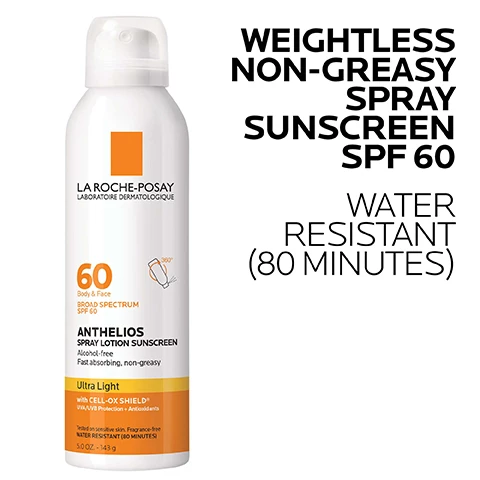 Image 1, weightless non greasy spray sunscreen SPF 60, water resistant 80 minutes. Image 2, cell-ox shield technology - UVA/UVB protection and antioxidants. broad spectrum SPF 60, octinoxate-free. alcohol free, weightless and non-greasy texture. Image 3, key dermatological ingredients. cell-ox shield technology, UVA/UVB protection and antioxidants - photostable UVA/UVB filters and powerful antioxidant protection. broad spectrum SPF 60, octinoxate-free - avobenzone 2.68%, homosalate 9.6%, octisalate 2.88%, octocrylene 5/38%, oxybenzone 3.46%. la roche posay thermal spring water, soothing antioxidant - a unique water rich in selenium a natural antioxidant. Image 4, dermatologist recommended, board certified dermatologist dr rina allawh said - i recommend this sunscreen to my patients because unlike clear spray sunscreens, this alcohol free sunscreen lotion spray appears as a visible lotion when applied and the patient can ensure that all parts of the skin are equally and adequately covered. Image 5, dermatologist tested, allergy tested, oil-free and non comedogenic.
