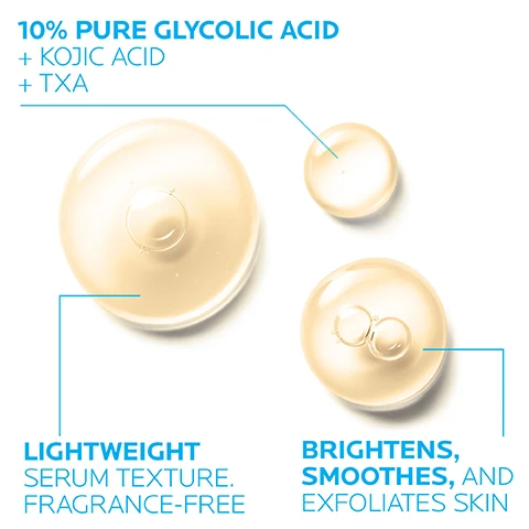 Image 1 - Image shows three translucent, gel-like droplets of different sizes with text outlining the product benefits; text includes 10% PURE GLYCOLIC ACID + KOJIC ACID + TXA, LIGHTWEIGHT SERUM TEXTURE. FRAGRANCE-FREE, and BRIGHTENS, SMOOTHES, AND EXFOLIATES SKIN.
Image 2 - Image shows a list of key dermatological ingredients with three sections: Glycolic Acid, Tranexamic Acid, and Vitamin B5, each accompanied by a brief description of their benefits. Visible text includes KEY DERMATOLOGICAL INGREDIENTS, GLYCOLIC ACID ALPHA-HYDROXY ACID Known for its skin exfoliating properties, TRANEXAMIC ACID (TXA) AMINO ACID DERIVATIVE Helps address the appearance of skin discolorations and overall skin complexion, and VITAMIN B5 PANTHENOL (PROVITAMIN B5) Helps skin feel soothed and moisturized.
Image 3 - A hand in a glove holds a dropper above a bottle of serum labeled Glycolic B5 Serum by La Roche-Posay, with text stating APPLY 3-4 DROPS EVERY EVENING TO FACE.
Image 4 - Image shows a dropper bottle of La Roche-Posay Glycolic B5 Serum with a white label, featuring the text 10% PURE GLYCOLIC ACID and DERM TIP: Due to increase skin sensitivity as a result of AHA use in association with SPF protection such as Anthelios Ultra Light Face Sunscreen SPF 60.
Image 5 - A cosmetic serum bottle labeled La Roche-Posay Glycolic B5 Serum, with text providing a dermatological recommendation and quote from Dr. Hadley King about the products effects on skin sensitivity and the importance of sunscreen.
Image 6 - Image features four blue line-drawn icons of a womans face with text labels underneath: Dermatologist Tested, Allergy Tested, Suitable for Sensitive Skin, and Oil-Free/Non-Comedogenic, along with the brand name La Roche-Posay at the top.