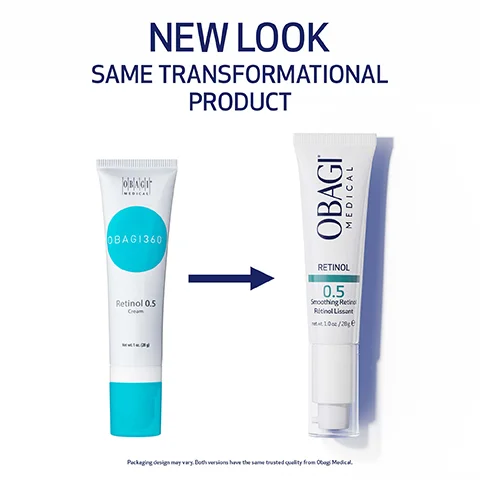 Image 1 - Image shows two tubes of skincare products side by side, labeled with NEW LOOK SAME TRANSFORMATIONAL PRODUCT at the top, featuring a blue arrow pointing from the left tube labeled OBAGI 360 Retinol 0.5 to the right tube labeled OBAGI MEDICAL RETINOL 0.5.