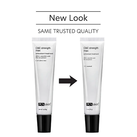 Image 1 - Two tubes of C&E strength max antioxidant treatment are shown side by side to illustrate the new packaging design with the text New Look above and SAME TRUSTED QUALITY below.
Image 2 - A persons hand holds a white tube of PCA Skin C&E Strength Max antioxidant treatment, with visible text that reads Strengthens, smoothes and brightens skin.
Image 3 - A plate with a white cream-like substance in the center, surrounded by text that lists the key ingredients: L-ascorbic Acid (Vitamin C) (20%), Tocopherol (Vitamin E) (5%), and Bisabolol, along with their descriptions and benefits for the skin.
Image 4 - Image shows a smiling woman applying a skincare product on her cheek while holding a PCA Skin treatment serum, accompanied by text that provides steps on how to apply the product, including STEP 1: After cleansing, toning and applying any PCA Skin treatment serums, apply a pea-sized amount to the face and neck. You might experience a slight tingling sensation upon application. STEP 2: Follow with a broad spectrum SPF product in the daytime, and moisturizer in the evening.
Image 5 - Three smiling women with different hairstyles and skin tones are posing together, with the text above them stating For dry, oily, combination, normal and sensitive skin for preventative and aging skin concerns.
Image 6 - Image shows a blue laboratory flask icon above the text Innovators in healthy skin for 30 years At PCA SKIN®, we use clinically-backed research and science to develop safe and effective products that deliver visible results for healthy, beautiful skin.
