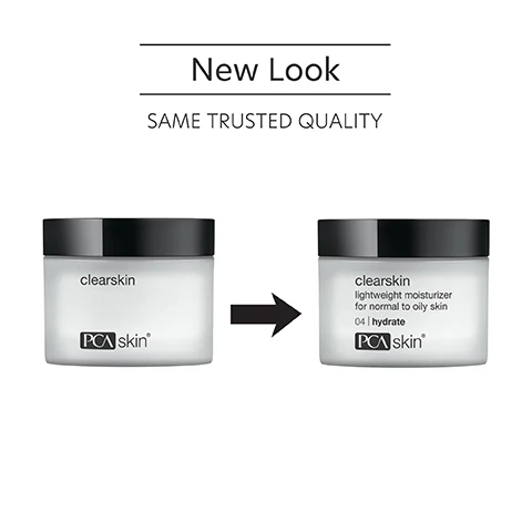 Image 1 - Image shows two moisturizer jars side by side, one labeled clearskin with a black lid and the other labeled clearskin lightweight moisturizer for normal to oily skin 04 hydrate; above the jars is a banner that reads New Look and below it says SAME TRUSTED QUALITY.
Image 2 - A hand holding a small jar of cream labeled clearskin by PCA skin, with the phrase Hydrates, calms and soothes the skin above the jar.
Image 3 - A hand holding a small amount of moisturizer with text that reads Nourishing, light moisturizer that hydrates, calms and soothes normal to oily, breakout-prone sensitive skin.
Image 4 - A close-up image of a round glass container displaying a creamy skincare product, with text listing ingredients and their benefits: 4% Niacinamide, Bisabolol, Marigold Flower Oil and Cucumber Fruit Extract, and Vitamin A.
Image 5 - Image shows a product jar labeled Clearskin by PCA Skin alongside two steps for application: Step 1 advises applying a nickel-sized amount to the face in the morning and evening after cleansing, and Step 2 recommends using Clearskin both morning and night, followed by broad spectrum SPF during the day.
Image 6 - Three women with diverse ethnic backgrounds smile together, promoting skincare for oily, combination, normal, and sensitive skin for preventative skin concerns, with the text For oily, combination, normal and sensitive skin for preventative skin concerns above them.
Image 7 - Image shows three skincare products: Clearskin Face Moisturizer, Gentle Face Wash, and Nutrient Toner, with visible text listing their purposes and PCA skin branding.
Image 8 - Image of a blue laboratory flask icon above text that reads Innovators in healthy skin for 30 years At PCA SKIN®, we use clinically-backed research and science to develop safe and effective products that deliver visible results for healthy, beautiful skin.