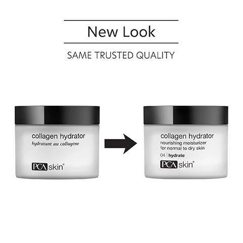 Image 1 - Image shows two jars of PCA skin collagen hydrator side by side, with the left jar labeled as collagen hydrator and the right jar labeled as collagen hydrator nourishing moisturizer for normal to dry skin, both featuring the PCA skin logo, with text above stating New Look and Same Trusted Quality.
Image 2 - A persons hand is shown holding a jar of collagen hydrator cream with a lid partially open, and the visible text states Hydrates and firms dry and mature skin.
Image 3 - A close-up image of a hand holding a small amount of white moisturizer on the fingertip, with text that reads Nightly collagen moisturizer hydrates and firms dry, mature skin.
Image 4 - A clear glass container with a smooth liquid inside, showing three labels that read Shea Butter softens the skin and maintains moisture without greasiness, Sweet Almond Fruit Extract adds a smoothing film to the skin that firms while infusing nutritive benefits, and Olive Fruit Oil a rich source of powerful antioxidants to protect the skin.
Image 5 - Image showing two steps for applying a skincare product, with a person applying cream to their face in the second step, and text that reads: How to Apply, STEP 1 Smooth onto skin after cleansing and applying any PCA SKIN treatment serums, STEP 2 This nighttime treatment may be used during the day when additional moisture is needed. Follow with broad spectrum SPF in the daytime.
Image 6 - Three women of diverse backgrounds smile at the camera, with the text above them reading Suitable for all skin types to nourish and protect the skin.
Image 7 - A display of three skincare products on a light background, including a jar labeled Collagen Hydrator, a bottle labeled Gentle Facial Cleanser, and another bottle labeled Nutrient Toner; text reads Complete the Regimen, with descriptions for each product.
Image 8 - Image features a blue laboratory flask icon above the text that reads Innovators in healthy skin for 30 years At PCA SKIN®, we use clinically-backed research and science to develop safe and effective products that deliver visible results for healthy, beautiful skin.