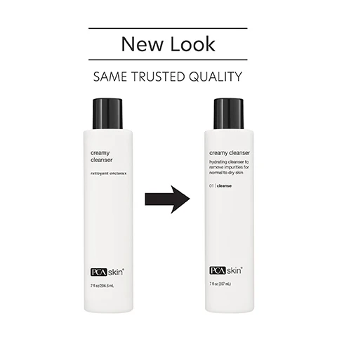 Image 1 - Image shows two bottles of PCA skin creamy cleanser, one with the label New Look and the other indicating SAME TRUSTED QUALITY, along with 01 cleanse on the second bottle.
Image 2 - A person is holding a white bottle labeled gentle cleanser with text reading Hydrates, smoothes, soothes and softens skin.
Image 3 - A person is dispensing a gentle, hydrating cleanser from a bottle into their hand, with text beside the image stating Gentle, hydrating cleanser removes dirt, debris and makeup.
Image 4 - Image showing instructions on how to apply a skincare product, with a person demonstrating the steps; visible text includes How to Apply, STEP 1: Apply a dime-sized amount to damp skin and massage into a foaming lather. Wash in a gentle circular motion. Rinse with warm water and pat dry, and STEP 2: Apply the appropriate PCA Skin toner, treatment serums and moisturizer afterwards. Follow with broad spectrum SPF in the daytime.
Image 5 - A circular glass container filled with a white skincare product is shown, with text on the left listing ingredients and their benefits: Rose Hip Seed Oil strengthens skin, Aloe Vera Leaf Juice provides skin softening and soothing benefits, Yucca Schidigera Extract is a gentle foaming agent that will not strip or over dry skin, and Sunflower Seed Oil is high in omega-6 essential fatty acids and provides antioxidants to the skin.
Image 6 - Three women with diverse hairstyles and skin tones are smiling together, with the text above them stating For dry and sensitive skin for preventative and aging skin concerns.
Image 7 - Image shows three skincare products on a bathroom countertop: a creamy facial cleanser, a hyaluronic acid boosting serum, and a nutrient toner, with text that reads Complete the Regimen, creamy cleanser Leaves skin soft and not tight, hyaluronic acid boosting serum Instant hydration and smoothing on the surface of the skin, and nutrient toner Refines pores and nourishes skin.
Image 8 - Image shows a blue laboratory flask icon above text that states Innovators in healthy skin for 30 years At PCA SKIN®, we use clinically-backed research and science to develop safe and effective products that deliver visible results for healthy, beautiful skin.