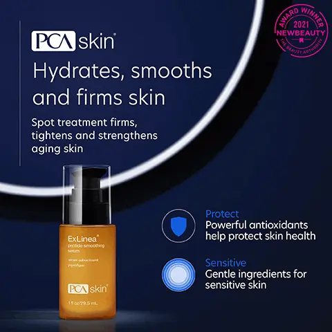 Image 1: Hydrates, smooths and firms skin, spot treatment firms, tightens and strengthens ageing skin, protect powerful antioxidants help protect skin health and sensitive gentle ingredients for sensitive skin. Image 2: We've put our best into helping you feel your best, acetyl hexapeptide that minimizes the appearance of fine lines and wrinkles, sodium hyaluronate has the ability to hold 1,000 times its weight in water and plays an important role in skin hydration and squalane, a natural oil found in olives and wheat germ that keeps skin moist. Image 3: Differences you see before and after 6 weeks model shot. Image 4: Complete your regimen стату cleanser ExLinea PCA skin PCA skin HydraLuxe Intensive hydration sheer n broad spectrum 45 PCA skin Creamy Cleanser Gently hydrates and removes makeup, oil, dirt and impurities. Rejuvenating Serum Spot treatment hydrates, strengthens and firms aging skin. PCA skin HydraLuxe Deeply hydrates the skin while providing anti-aging benefits. Sheer Tint Broad Spectrum Universally tinted, sheer SPF 45 protection with an antioxidant boost. Image 5, This product is amazing, it really helps to smooth and soften my skin, little fine lines practically disappear! No crows feet!! Love this!! Verified Customer Image 6, C Skincare trusted by experts • PCA SKIN performs extensive product testing and all finished products are tested with patients in medical practices • All SPF products are recommended by the Skin Cancer Foundation • We do not perform or condone animal testing • Our products are free of: - Synthetic dyes and fragrances - Mineral oil - Lanolin - Phthalates -Parabens Skin