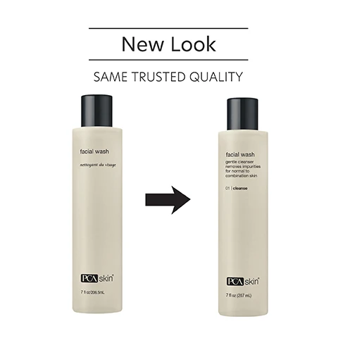 Image 1 - Image shows two bottles of facial wash from PCA Skin side by side with an arrow pointing from the left bottle to the right, featuring the text New Look above and SAME TRUSTED QUALITY below; the left bottle includes the text facial wash nettoyant du visage and the right bottle shows facial wash gentle cleanser removes impurities for normal to combination skin 01 | cleanse.
Image 2 - A bottle of facial wash is shown against a white background, with text that reads gently hydrates and exfoliates the skin while cleansing; the label includes facial wash, gentle cleanser removes impurities for normal to combination skin, 01 | cleanse, and PCA skin.
Image 3 - A bottle of PCA skin facial wash is shown with bubbles around it and text that reads, Gentle, exfoliating cleanser removes makeup, oil and impurities.
Image 4 - A person is pouring a gentle exfoliating toner from a bottle into their palm, with visible text that reads gentle, exfoliating toner refines the appearance of pores and leaves skin healthy and glowing.
Image 5 - A hand with a small amount of cream on the fingertip is seen, with text that reads Treats dark circles, puffiness, fine lines, wrinkles and sagging eyelids simultaneously.
Image 6 - Image showing a comparison of lips labeled Before on the left with dryness and After one day on the right showing improved hydration, with visible text stating Condition: Decreased barrier function and excessive dryness on the left and Solution: Hydrating Serum twice daily on the right, with a note that the photos are not retouched.
Image 7 - A silver serum bottle labeled hyaluronic acid boosting serum is shown with water droplets and bubbles on a blue background, along with text stating 50% deeper hydration. Let that sink in. Helps amplify your skin’s Hyaluronic Acid levels by 50% within 24 hours, delivering instant and long-term hydration.
Image 8 - Image showing three skincare products labeled as HydraLuxe Facial Cream, Gentle Hydrating Face Wash, and Hyaluronic Acid Boosting Serum with descriptions of their benefits, and the text Complete the Regimen at the top.
Image 9 - A blue laboratory flask icon with a line through it is above the text that reads Innovators in healthy skin for 30 years At PCA SKIN®, we use clinically-backed research and science to develop safe and effective products that deliver visible results for healthy, beautiful skin.