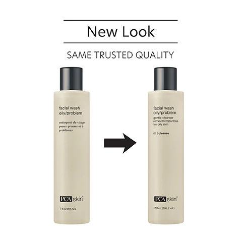 Image 1 - An image showing two bottles of PCA skin facial wash labeled for oily/problem skin, with the text New Look at the top and SAME TRUSTED QUALITY below, along with an arrow pointing from the bottle on the left to the one on the right.
Image 2 - A bottle of PCA skin facial wash for oily/problem skin is shown, with visible text stating exfoliates, soothes, purifies, protects skin and minimizes breakouts.
Image 3 - Image shows two steps for applying a skincare product, with a bottle of PCA Skin facial wash on the top image and a woman lathering her face in the bottom image; visible text includes How to Apply, STEP 1 Apply a dime-sized amount to damp skin and massage into a foaming lather. Wash in a gentle circular motion. Rinse with warm water and pat dry, and STEP 2 Apply the appropriate PCA Skin toner, treatment serums and moisturizer afterwards. Follow with broad spectrum SPF in the daytime.
Image 4 - A round petri dish contains drops of liquid along with text descriptions of three ingredients: Gluconolactone is described as a calming, moisturizing ingredient that promotes a clear complexion; Lactic Acid is an AHA that gently exfoliates and moisturizes skin; Aloe Vera Leaf Juice provides skin softening and soothing benefits.
Image 5 - Three women with different skin tones smile together, with text above them stating For oily and combination skin for preventative skin concerns.
Image 6 - Image featuring a blue laboratory flask icon above the text Innovators in healthy skin for 30 years. At PCA SKIN®, we use clinically-backed research and science to develop safe and effective products that deliver visible results for healthy, beautiful skin.