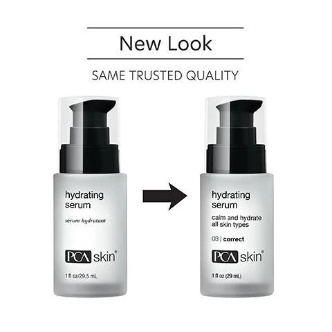 Image 1 - Image shows two similar serum bottles side by side labeled hydrating serum and hydrating serum calm and hydrate all skin types with an arrow pointing from the left bottle to the right, and text above stating New Look SAME TRUSTED QUALITY. Image 2 - A clear bottle of PCA skin hydrating serum with a pump top is displayed, accompanied by text that reads Hydrates, softens and plumps skin. Image 3 - A clear glass petri dish containing three droplets of a colorless liquid, next to text detailing skin hydration ingredients: Glycerin, Sodium Hyaluronate, and Sodium PCA. Image 4 - An image showing a PCA Skin hydrating serum bottle alongside two steps for application: Step 1 indicates to apply after cleansing and toning the face, and Step 2 advises to apply throughout the day for hydration, mentioning to follow with SPF and moisturizer. Image 5 - Three women of diverse backgrounds smile at the camera, with text above them stating, For dry, oily, combination, normal and sensitive skin for preventative skin concerns. Image 6 - Image shows a blue potion bottle icon above text that reads Innovators in healthy skin for 30 years At PCA SKIN®, we use clinically-backed research and science to develop safe and effective products that deliver visible results for healthy, beautiful skin.