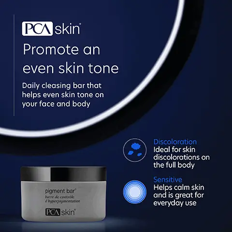 Image 1, PCA skin Promote an even skin tone Daily cleasing bar that helps even skin tone on your face and body pigment bar barre de contrôle d'hyperpigmentation PCA skin Discoloration Ideal for skin discolorations on the full body Sensitive Helps calm skin and is great for everyday use Image 2, We've put our best into helping you feel your best Azelaic Acid Helps promote a clear complexion and even skin tone Kojic Acid Helps promote an even skin tone Niacinamide (2%) Hydrates and promotes an even, clear complexion Image 3, Differences you can see BEFORE AFTER THREE MONTHS Condition: Sun damage on chest Solution: Pigment Bar *Photos not retouched Image 4, Complete your regimen pigment gel hq free collagen hydrator Aydratant ви соберете pigment bar PCA skin PCA skin PCA skin' daily defense broad spectrum sof 50. PCA skin Pigment Bar Cleanses and provides even skin tone on face and body. Pigment Gel HQ Free Spot-treatment to promote and even skin tone. Collagen Hydrator Deeply hydrates and firms dry and mature skin. Daily Defense Broad Spectrum -SPF 50+ protection that defends against aging pollutants. Image 5, My discolorations have diminished almost completely after only a few weeks. My skin feels so smooth and soft and exfoliated after using. Verified Customer Imsge 6, C Skincare trusted by experts • PCA SKIN performs extensive product testing and all finished products are tested with patients in medical practices • All SPF products are recommended by the Skin Cancer Foundation • We do not perform or condone animal testing • Our products are free of: - Synthetic dyes and fragrances - Mineral oil - Lanolin - Phthalates -Parabens Skin