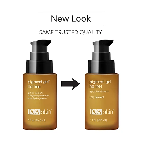 Image 1 - Image shows two brown bottles of PCA skin pigment gel next to each other, one labeled as New Look SAME TRUSTED QUALITY above, while the left bottle is labeled pigment gel hq free and the right bottle is labeled pigment gel hq free spot treatment 03 correct.
Image 2 - A hand holding a pump bottle of PCA Skin pigment gel, with text that reads reduces discoloration and spot-treats to promote an even skin tone.
Image 3 - A hand with a small amount of cream on the fingertip is shown alongside the text that states spot-treatment serum reduces discolorations and promotes an even skin tone.
Image 4 - A petri dish containing light-colored drops of liquid is shown alongside text describing three ingredients: Phenylethyl Resorcinol, an antioxidant that promotes an even skin tone; Azelaic Acid, which helps promote a clear complexion and an even skin tone; and Kojic Acid, which helps promote an even skin tone.
Image 5 - Image shows a two-step application guide for PCA Skin pigment gel, featuring a brown bottle labeled pigment gel ha free and a smiling woman holding another PCA Skin product. Text reads: How to Apply, STEP 1 After cleansing and toning, use a small amount of gel to spot-treat areas of concern, and STEP 2 Follow with any other appropriate PCA Skin corrective products and broad spectrum SPF product in the daytime, and moisturizer in the evening.
Image 6 - Three women with diverse skin tones smiling together, with text that reads For combination, normal and sensitive skin for preventative and aging skin concerns.
Image 7 - An organized display of skincare products includes a bottle of Pigment Gel HQ Free, a bottle of Gentle Facial Cleanser, and a bottle of Nutrient Toner, with the text Complete the Regimen and descriptions of each products use.
Image 8 - Image shows a graphic with a blue laboratory flask icon above the text that reads Innovators in healthy skin for 30 years At PCA SKIN®, we use clinically-backed research and science to develop safe and effective products that deliver visible results for healthy, beautiful skin.