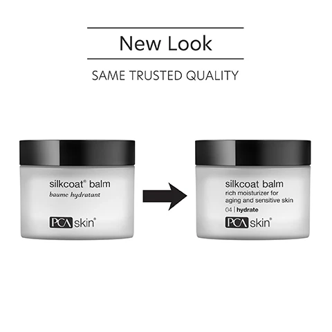Image 1 - Image shows two jars of PCA skin silkcoat balm, one labeled New Look at the top and the other labeled SAME TRUSTED QUALITY below; the jar on the left is shown with a black lid and the jar on the right has a white lid, both jars are white with black text.
Image 2 - Image of a jar of PCA skin silkcoat balm with text that reads Soothes, rejuvenates, calms skin and protects against signs of aging.
Image 3 - A circular container shows a smooth, translucent product with three ingredient descriptions next to it: Hydrolyzed Silk - light, non-greasy moisturizer and skin conditioner; Jojoba Seed - natural ingredient with moisturizing properties; Squalane - natural oil found in olives and wheat germ that keeps skin moist.
Image 4 - An image showing a woman applying a cream to her face with a jar of Silkcote Balm beside her, along with text instructions that read How to Apply, STEP 1 Apply a nickel-sized amount to the face in the morning and evening after cleansing and applying any PCA Skin corrective products. Gently massage the moisturizer into your skin until fully absorbed, and STEP 2 For optimal results, apply Silkcote Balm both morning and night. Follow with broad spectrum SPF in the daytime.
Image 5 - Three women of diverse backgrounds smile at the camera, with text above them reading for dry and sensitive skin for preventative and aging skin concerns.
Image 6 - Image shows a blue laboratory flask icon above text that reads Innovators in healthy skin for 30 years At PCA SKIN®, we use clinically-backed research and science to develop safe and effective products that deliver visible results for healthy, beautiful skin.