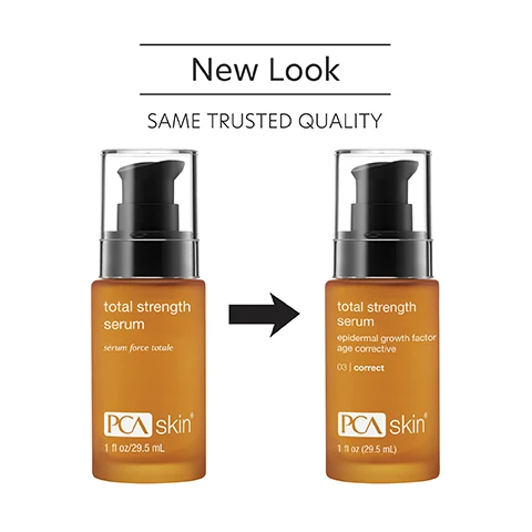 Image 1 - A side-by-side comparison of two PCA skin total strength serum bottles showing a new design on the right, with visible text stating New Look and SAME TRUSTED QUALITY.
Image 2 - A hand holding a small bottle of PCA Skin total strength serum, with visible text that reads minimizes appearance of fine lines and wrinkles, firms, tightens and strengthens skin.
Image 3 - A clear glass dish containing liquid with three small droplets, accompanied by text listing key ingredients: Palmitoyl Tripeptide-38, Epidermal Growth Factor (EGF), Silybum Marianum Extract, and Sodium Hyaluronate, each followed by a brief description of their benefits for skin.
Image 4 - A woman applies serum to her face while looking in a mirror, with the instructions How to Apply, STEP 1 After cleansing and toning, apply a dime-sized amount to the face twice daily, and STEP 2 Follow with a broad spectrum SPF product in the daytime, and moisturizer in the evening displayed beside her.
Image 5 - Three women of diverse backgrounds smile together, with the text above them stating for dry, oily, combination, normal and sensitive skin for preventative and aging skin concerns.
Image 6 - Image of a blue laboratory flask icon above text that reads Innovators in healthy skin for 30 years At PCA SKIN®, we use clinically-backed research and science to develop safe and effective products that deliver visible results for healthy, beautiful skin.